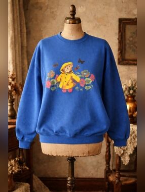 Vintage 90s Hanes Teddy Bear Graphic Crewneck Sweatshirt XXL Blue Cottagecore
